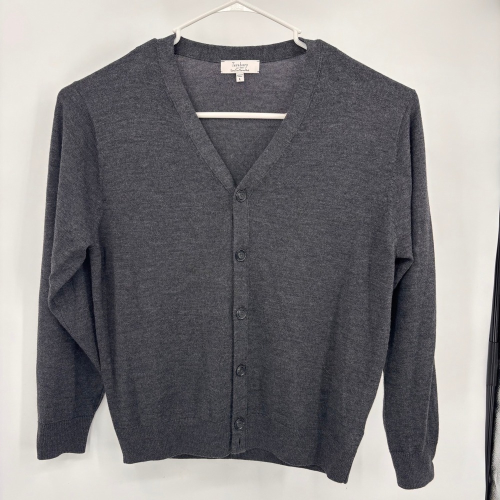 Turnbury Cardigan Sweater Mens‎ Large Charcoal Grey Excellent Merino Wool V-Neck